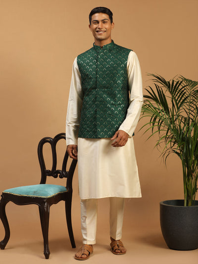 Men's Cream Cotton Blend Straight Jacket  Kurta and Pyjama Set