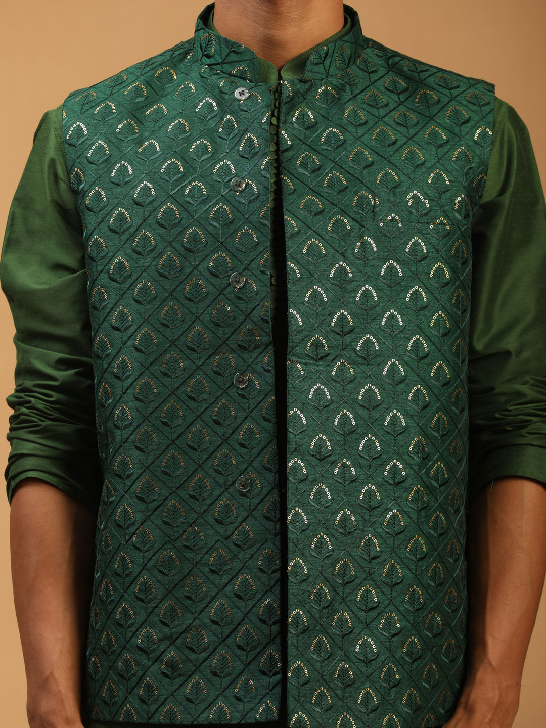 Men's Green Silk Blend Straight Jacket  Kurta and Pyjama Set