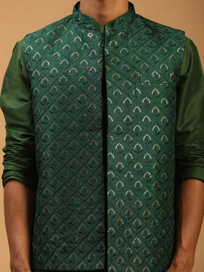 Men's Green Silk Blend Straight Jacket  Kurta and Pyjama Set