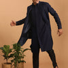 Men's Navy Blue Cotton Blend Straight Jacket  Kurta and Pyjama Set