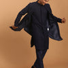 Men's Navy Blue Cotton Blend Straight Jacket  Kurta and Pyjama Set