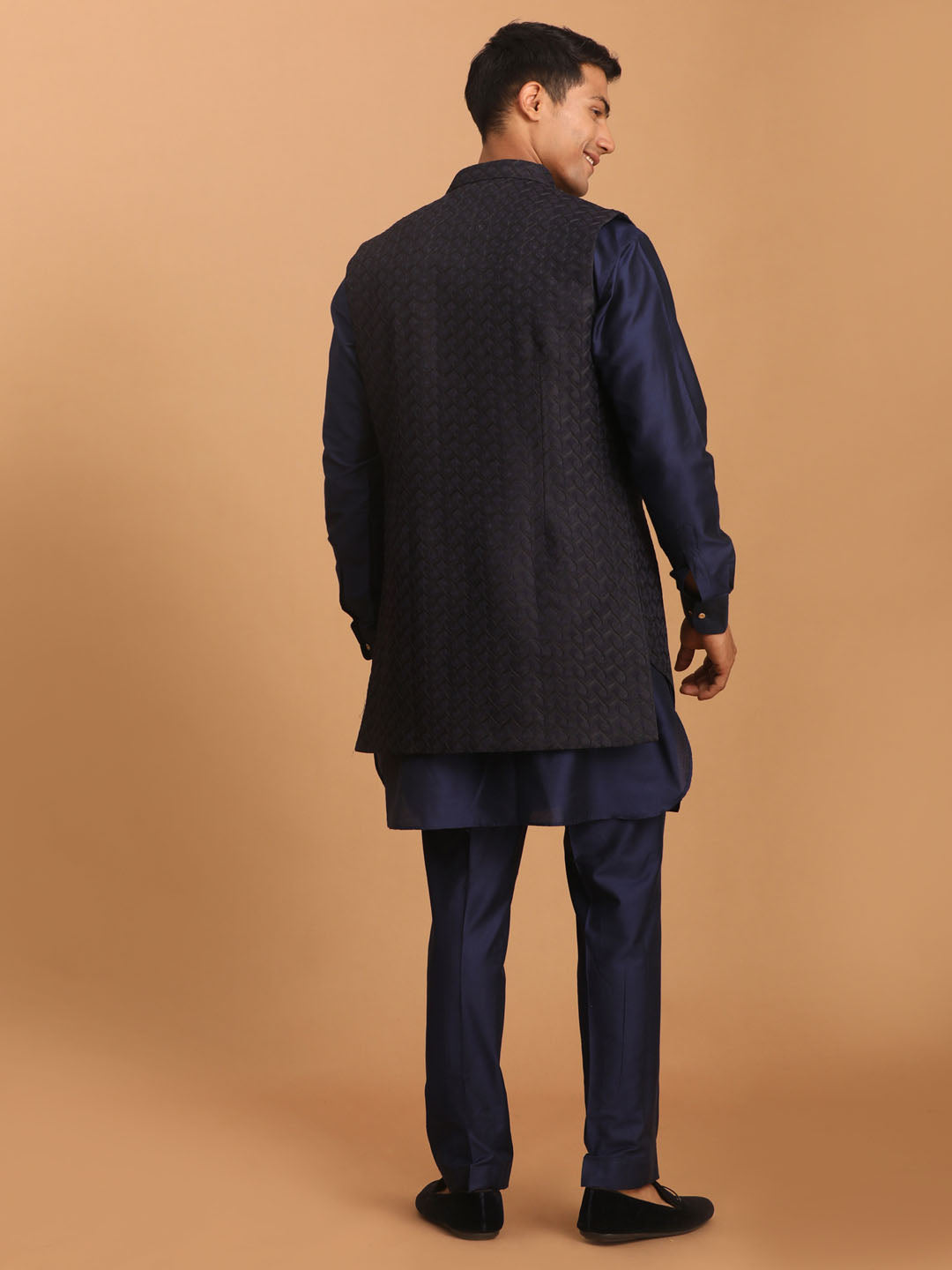 Men's Navy Blue Viscose Regular Jacket  Kurta and Pyjama Set
