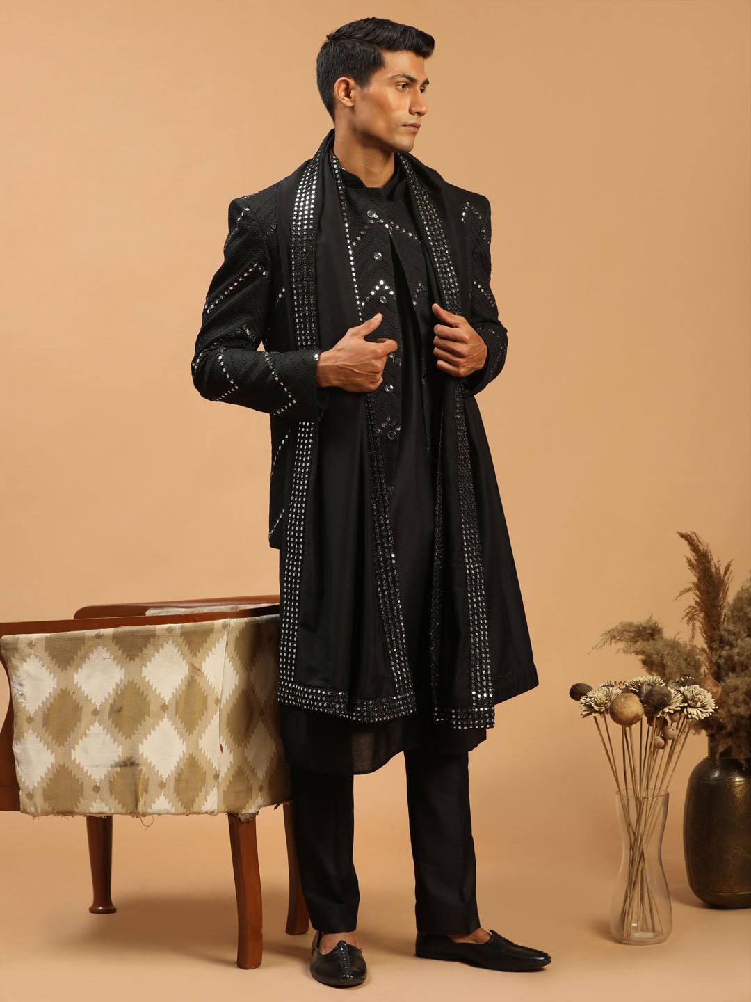 Men's Black Viscose Straight Jacket  Kurta and Pyjama Set