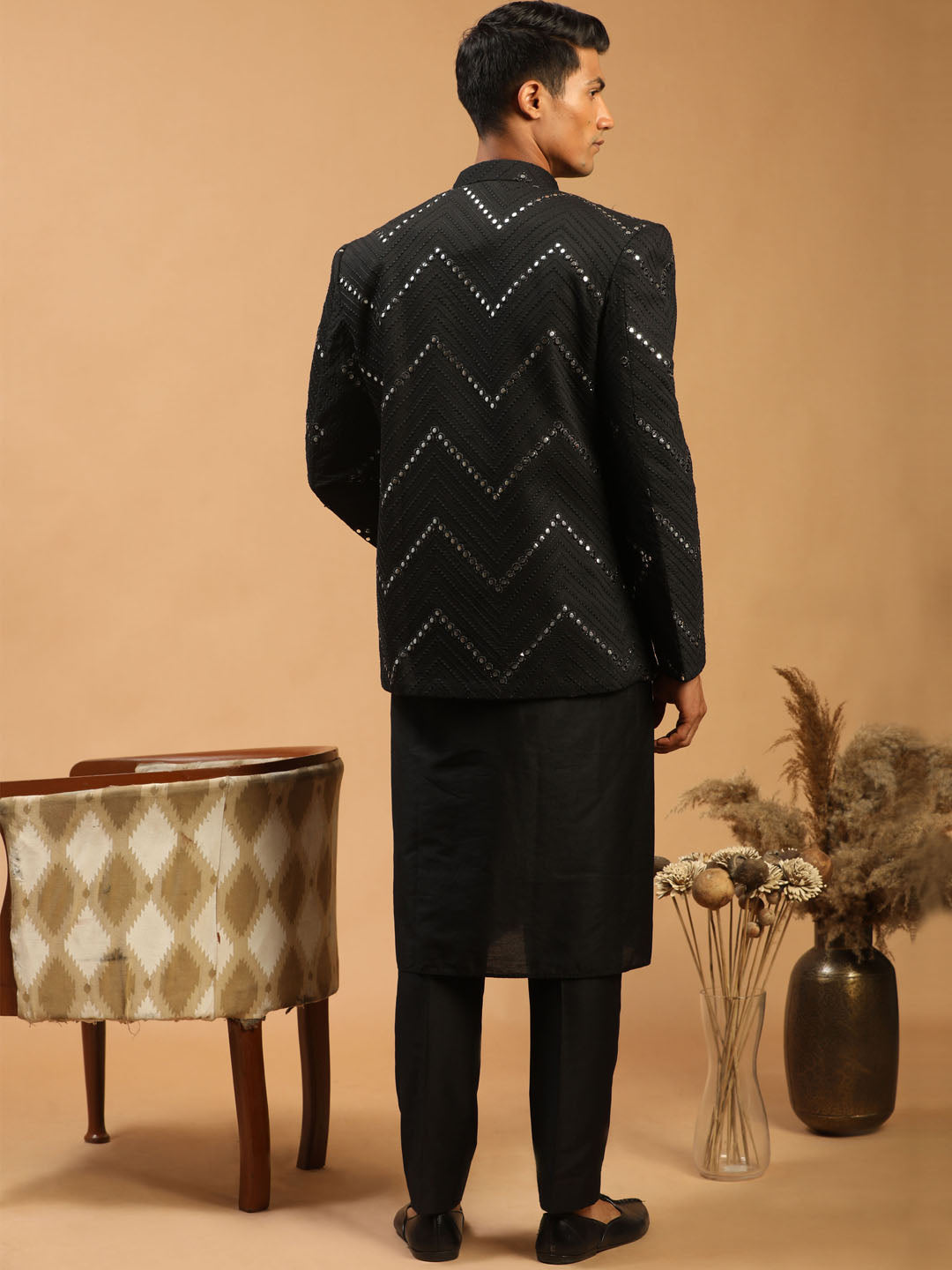 Men's Black Viscose Straight Jacket  Kurta and Pyjama Set