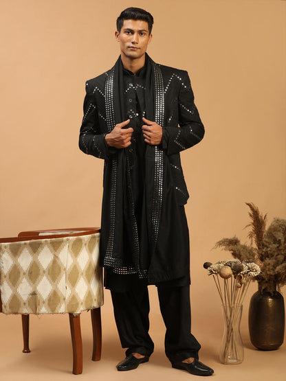 Men's Black Viscose Straight Jacket  Kurta and Pyjama Set