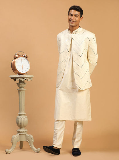 Men's Cream Viscose Straight Jacket  Kurta and Pyjama Set
