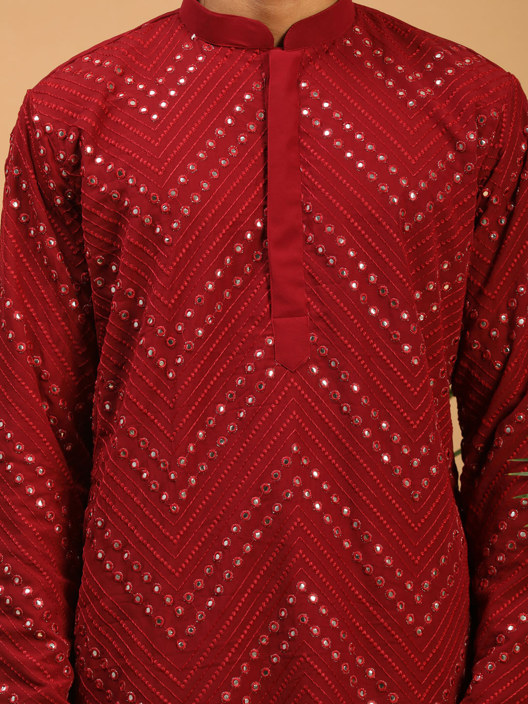 Men's Maroon Georgette Straight Kurta and Patiala Set