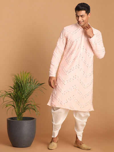 Men's Pink Georgette Straight Kurta and Dhoti Set