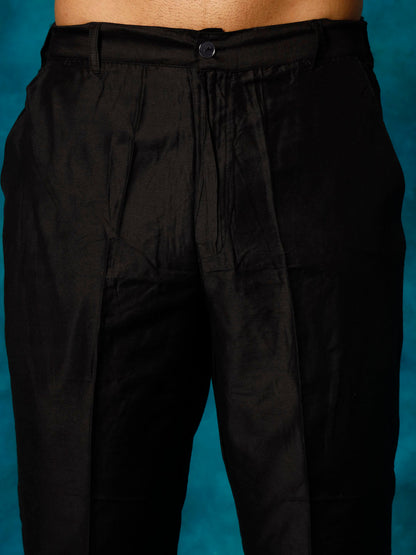 Men's Black Viscose Blend Asymmetric Kurta Pyjama Set