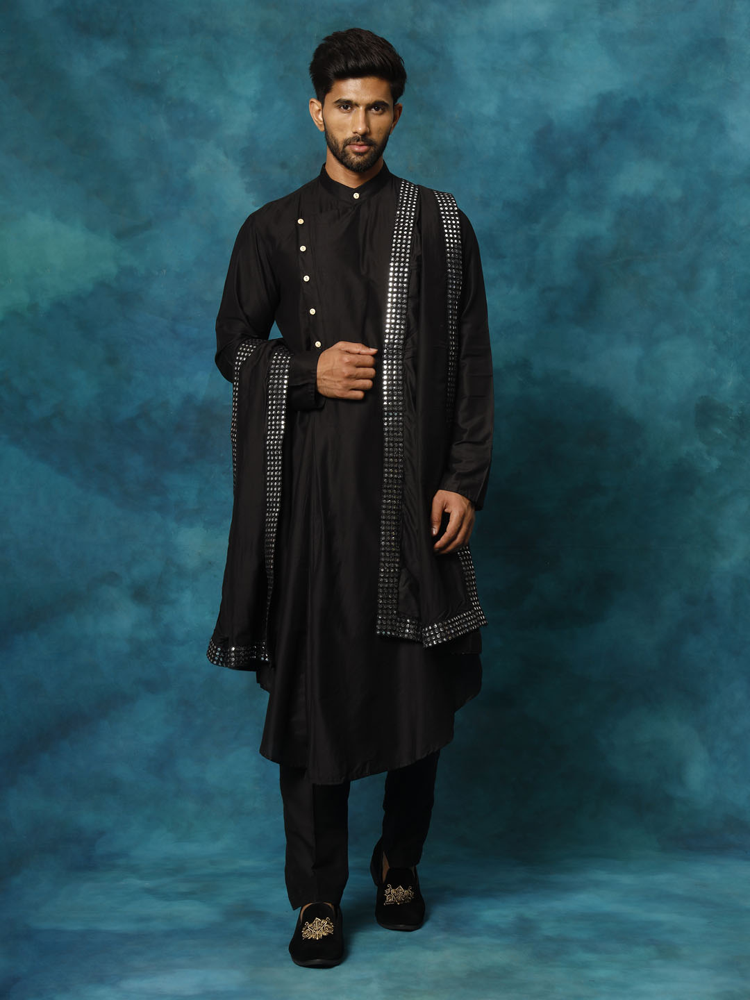 Men's Black Viscose Blend Asymmetric Kurta  Pyjama & Dupatta Set