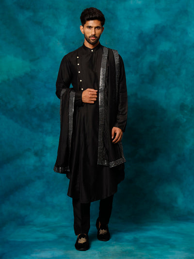 Men's Black Viscose Blend Asymmetric Kurta  Pyjama & Dupatta Set