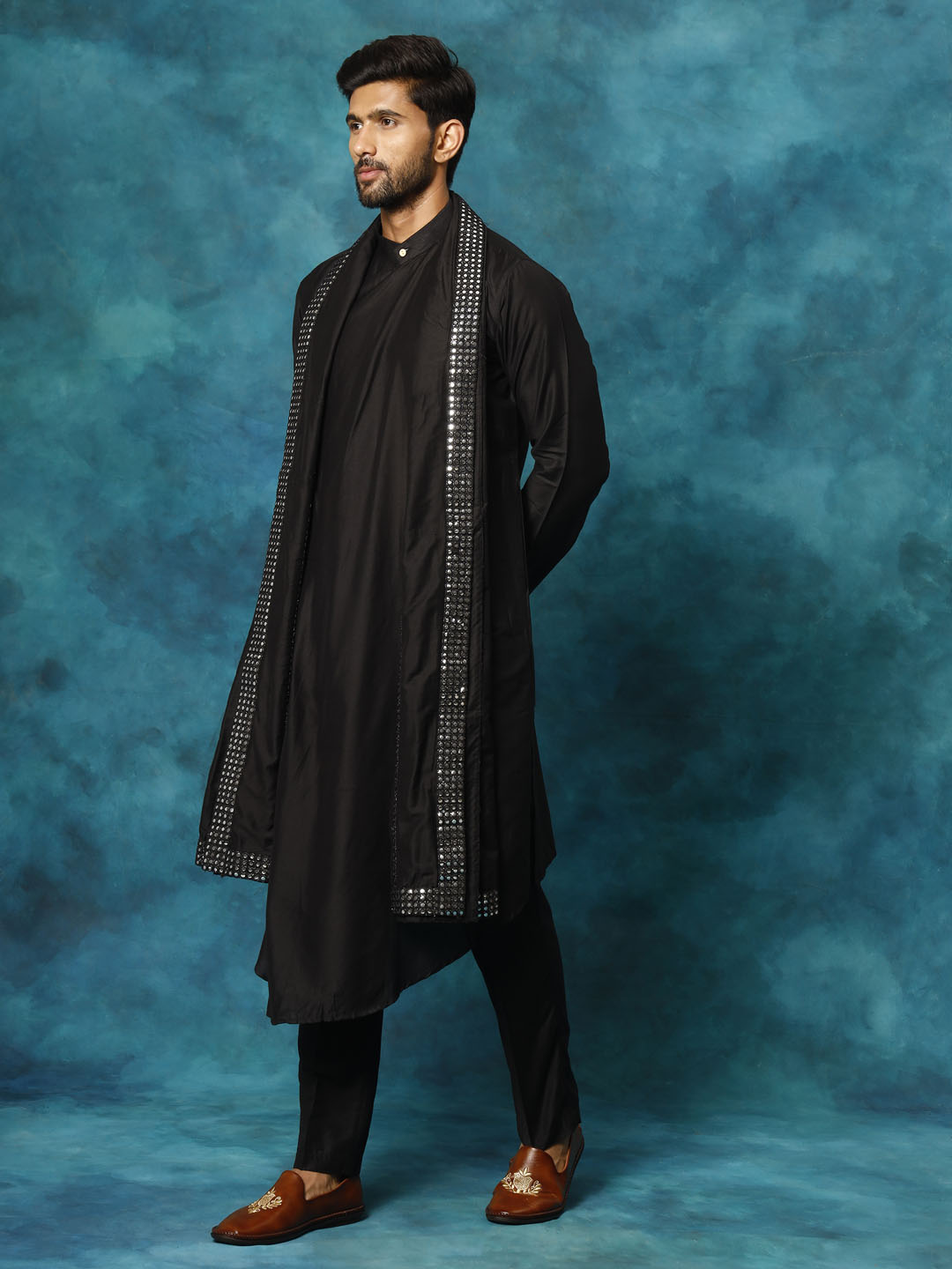 Men's Black Viscose Blend Asymmetric Kurta  Pyjama & Dupatta Set