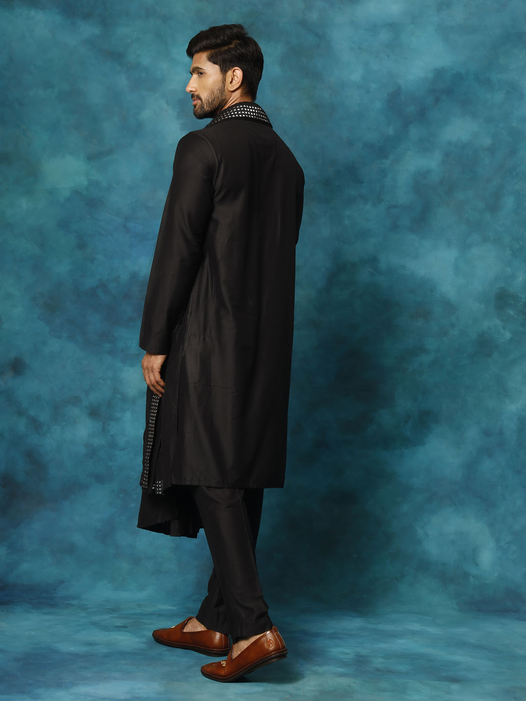 Men's Black Viscose Blend Asymmetric Kurta  Pyjama & Dupatta Set