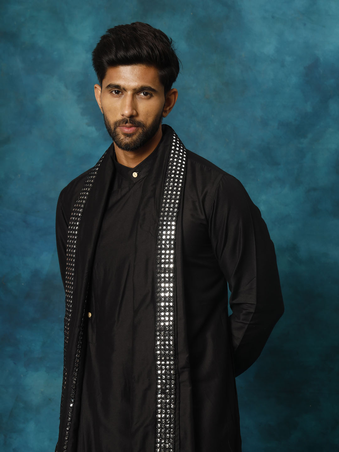 Men's Black Viscose Blend Asymmetric Kurta  Pyjama & Dupatta Set
