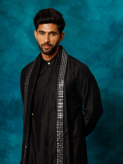 Men's Black Viscose Blend Asymmetric Kurta  Pyjama & Dupatta Set