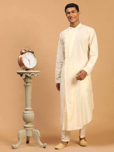 Men's Cream Viscose Blend Asymmetric Kurta Pyjama Set