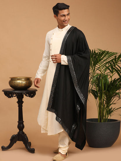 Men's Cream Viscose Blend Asymmetric Kurta  Pyjama & Dupatta Set