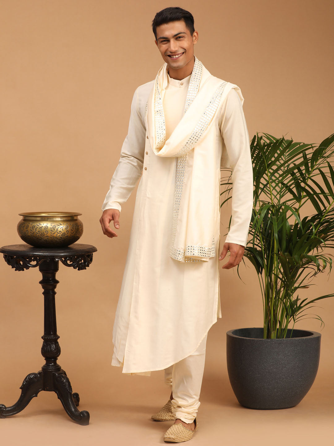 Men's Cream Viscose Blend Asymmetric Kurta  Pyjama & Dupatta Set