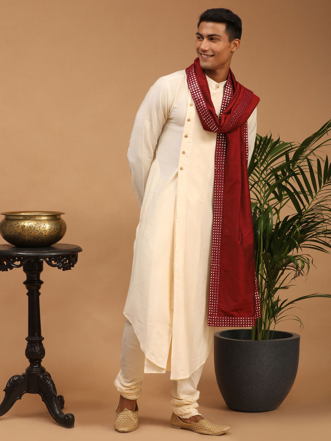 Men's Cream Viscose Blend Asymmetric Kurta  Pyjama & Dupatta Set