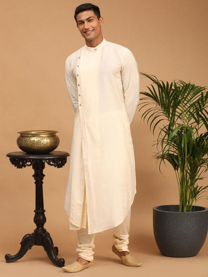 Men's Cream Viscose Blend Asymmetric Kurta  Pyjama & Dupatta Set