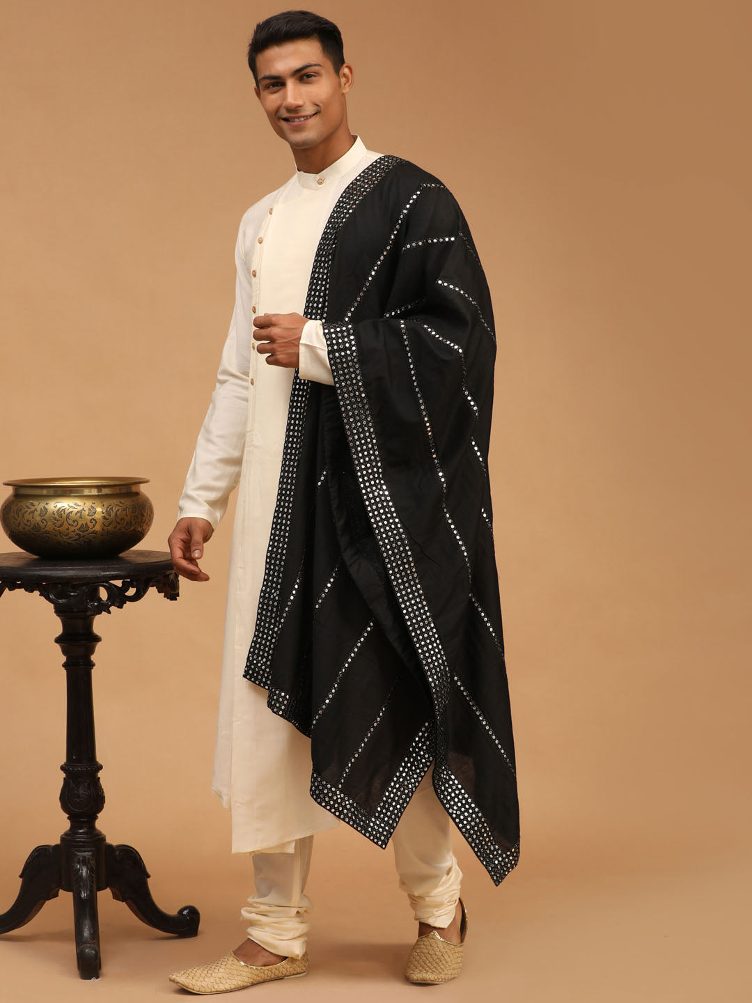 Men's Cream Viscose Blend Asymmetric Kurta  Pyjama & Dupatta Set