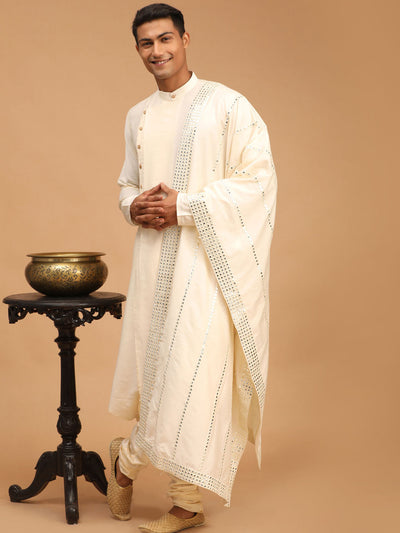 Men's Cream Viscose Blend Asymmetric Kurta  Pyjama & Dupatta Set