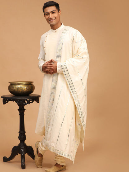 Men's Cream Viscose Blend Asymmetric Kurta  Pyjama & Dupatta Set