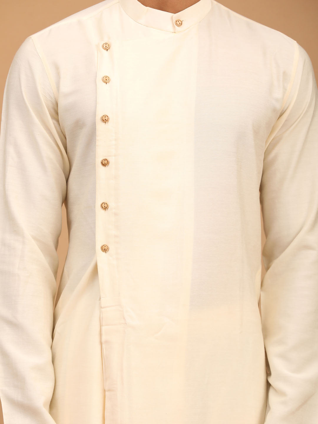 Men's Cream Viscose Blend Asymmetric Kurta  Pyjama & Dupatta Set
