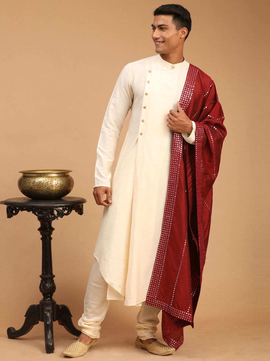 Men's Cream Viscose Blend Asymmetric Kurta  Pyjama & Dupatta Set