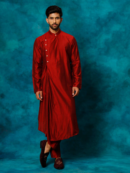 Men's Maroon Viscose Blend Asymmetric Kurta Pyjama Set