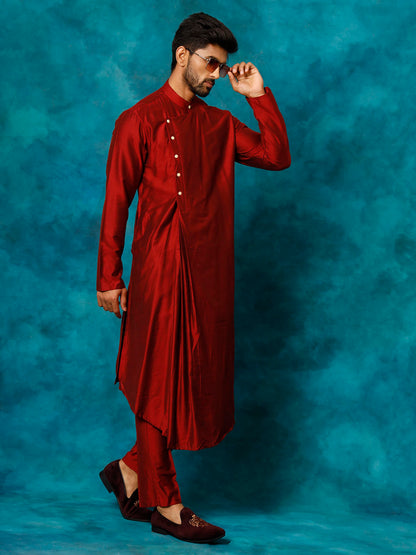 Men's Maroon Viscose Blend Asymmetric Kurta Pyjama Set