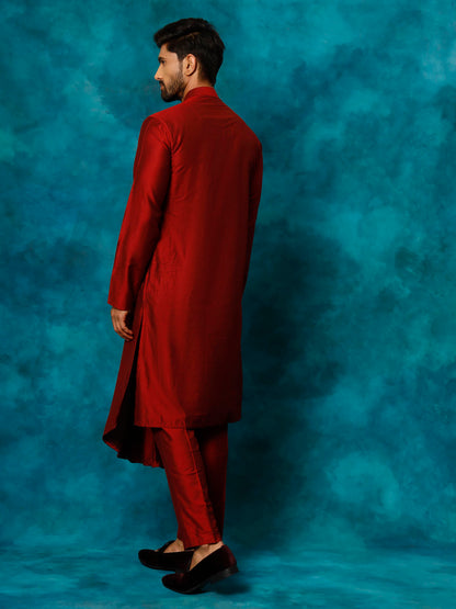 Men's Maroon Viscose Blend Asymmetric Kurta Pyjama Set