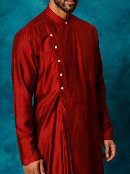 Men's Maroon Viscose Blend Asymmetric Kurta Pyjama Set
