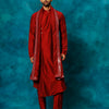 Men's Maroon Viscose Blend Asymmetric Kurta  Pyjama & Dupatta Set