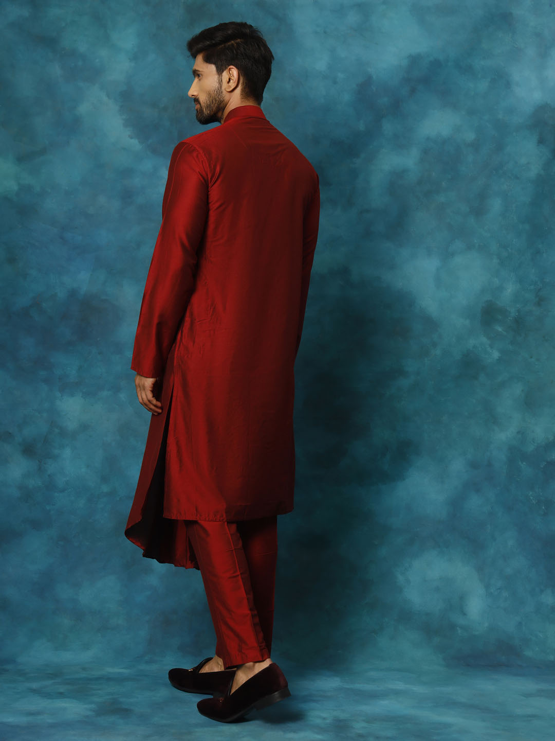 Men's Maroon Viscose Blend Asymmetric Kurta  Pyjama & Dupatta Set