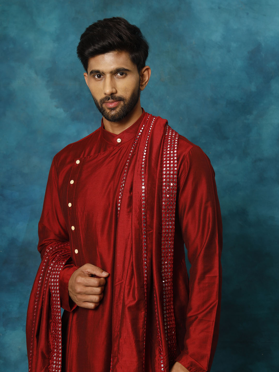 Men's Maroon Viscose Blend Asymmetric Kurta  Pyjama & Dupatta Set