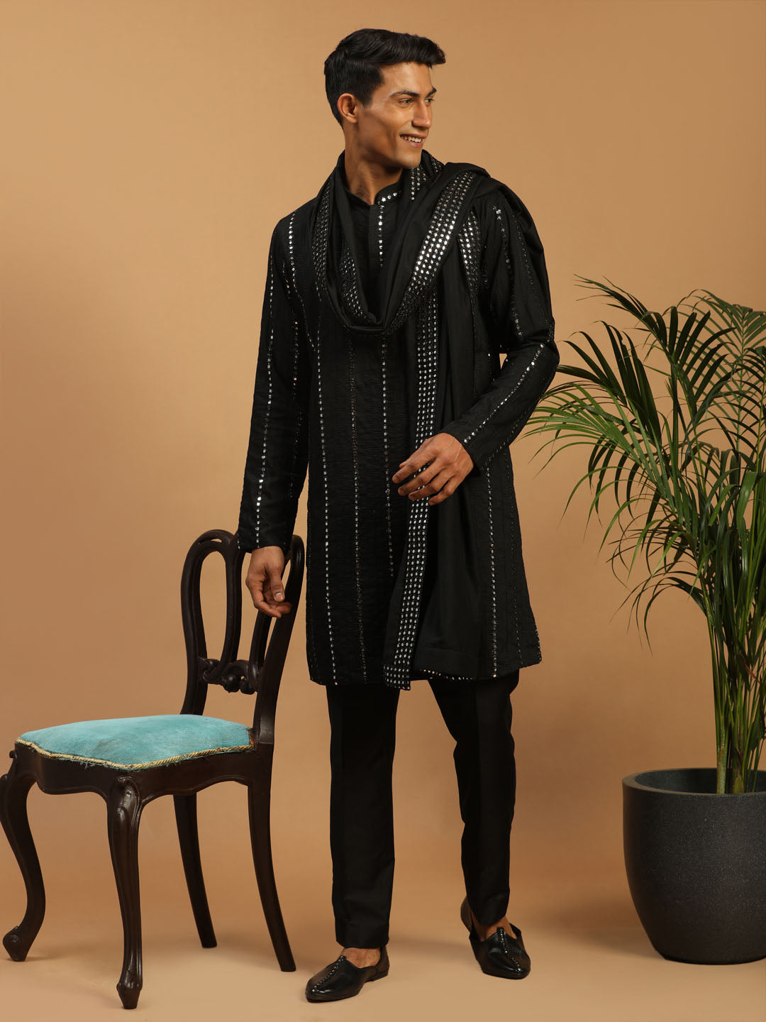 Men's Black Viscose Straight Kurta  Pyjama & Dupatta Set