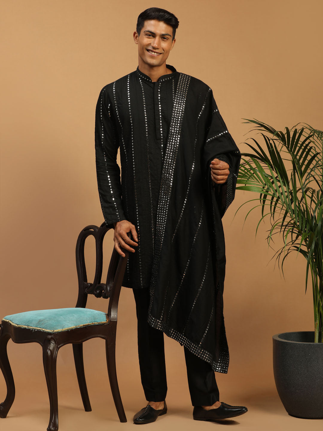 Men's Black Viscose Straight Kurta  Pyjama & Dupatta Set