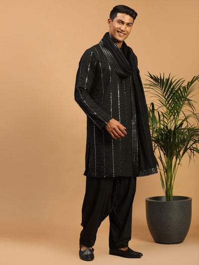 Men's Black Viscose Straight Kurta and Patiala Set