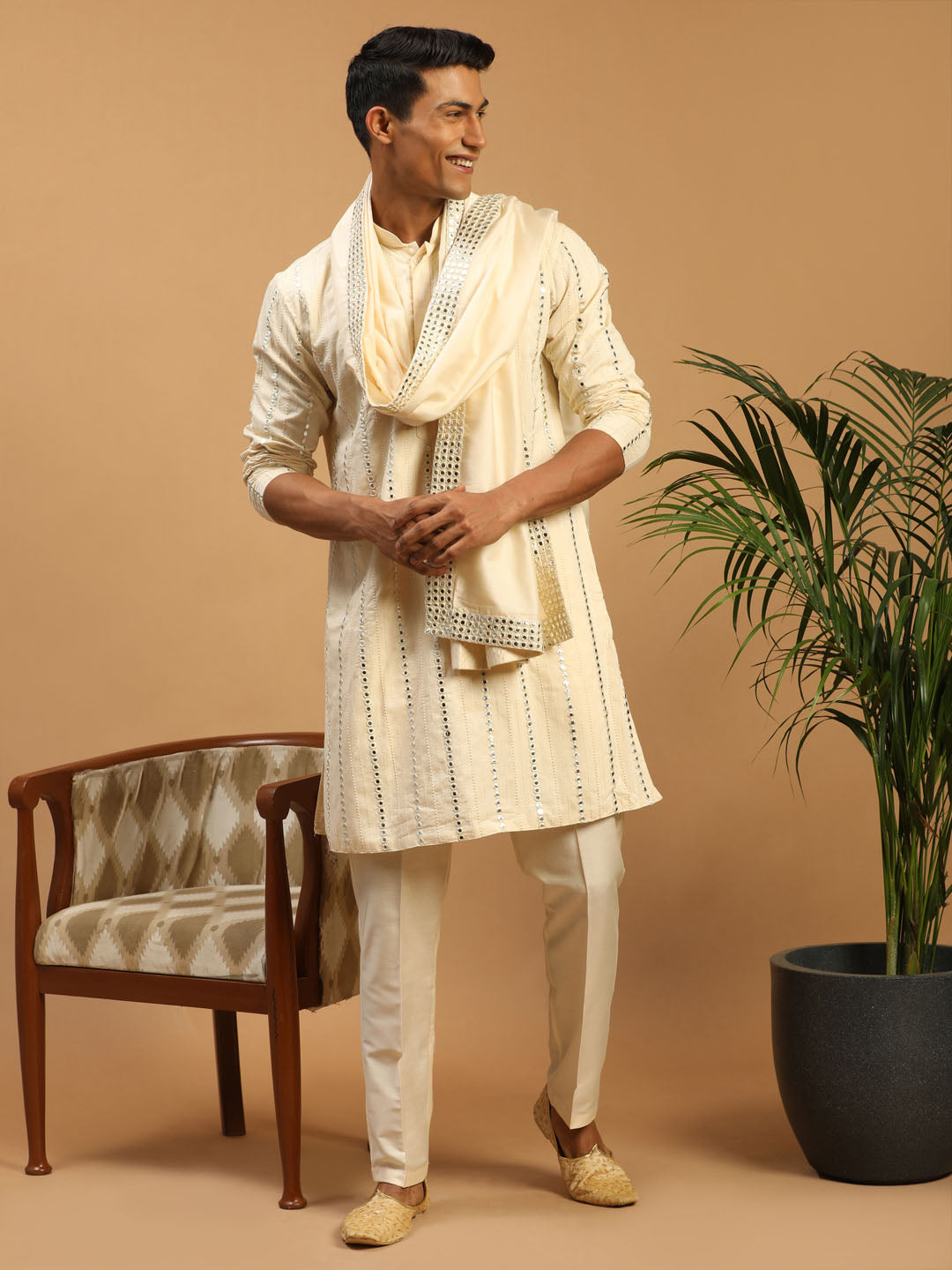 Men's Cream Viscose Straight Kurta  Pyjama & Dupatta Set