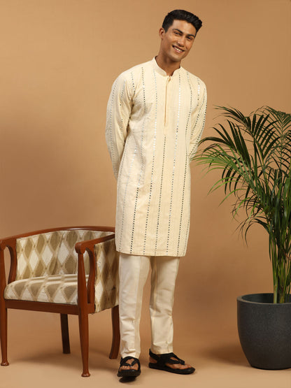 Men's Cream Viscose Straight Kurta  Pyjama & Dupatta Set