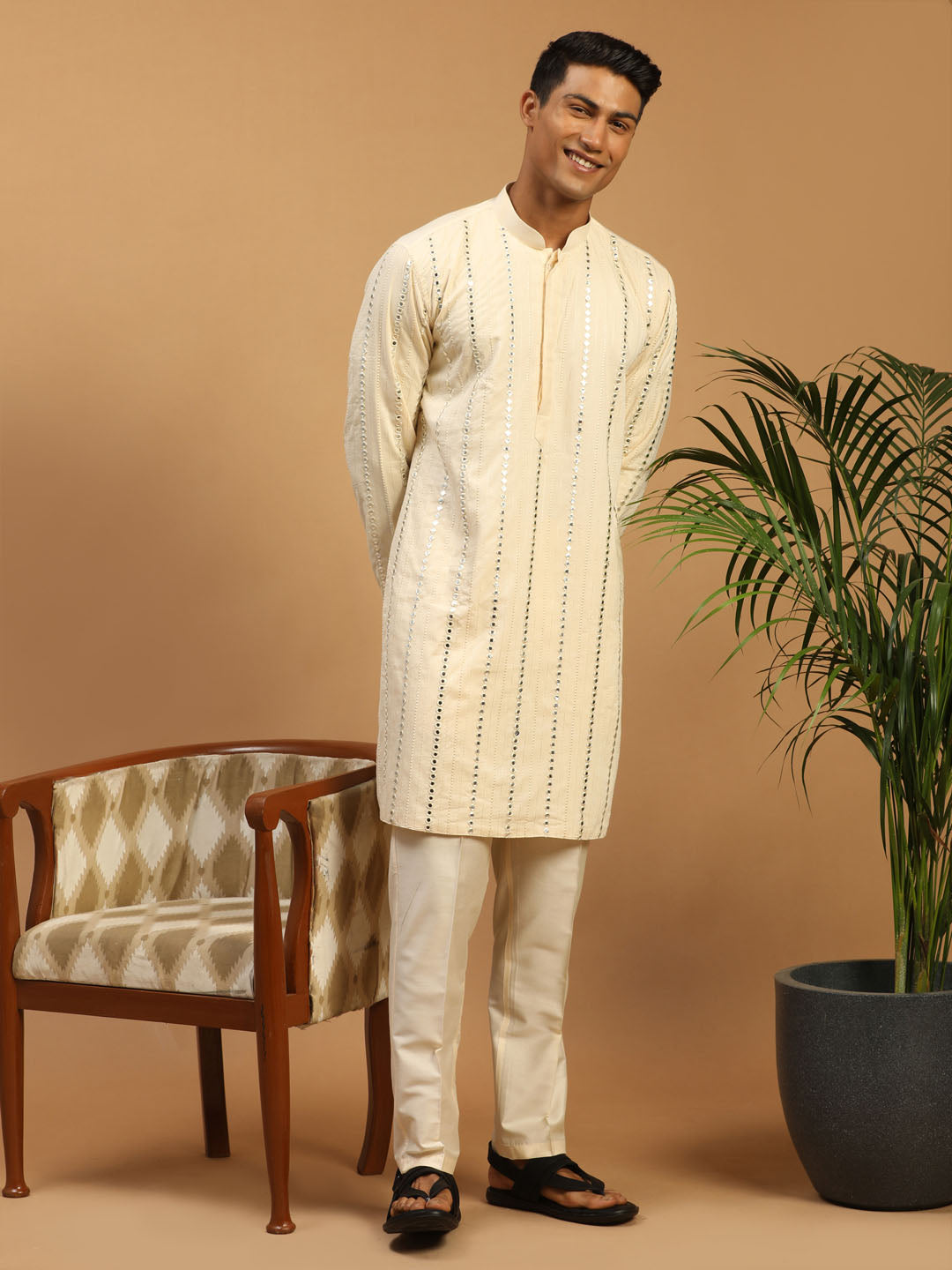 Men's Cream Viscose Straight Kurta  Pyjama & Dupatta Set