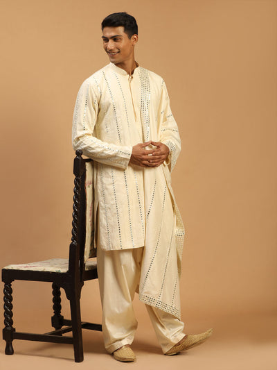 Men's Cream Viscose Straight Kurta and Patiala Set