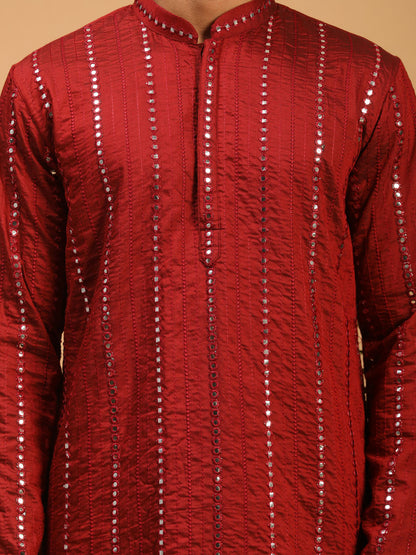 Men's Maroon Viscose Straight Kurta and Patiala Set