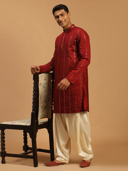 Men's Maroon Viscose Straight Kurta and Patiala Set