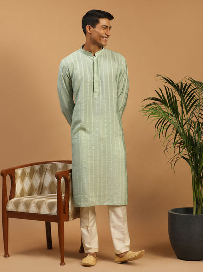 Men's Green Cotton Blend Straight Kurta Pyjama Set