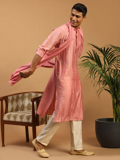 Men's Pink Cotton Blend Straight Kurta  Pyjama & Dupatta Set
