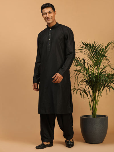 Men's Black Viscose Straight Kurta and Patiala Set