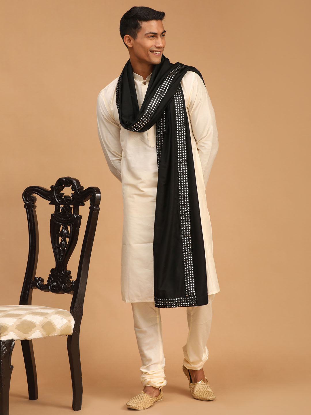 Men's Cream Viscose Straight Kurta  Pyjama & Dupatta Set