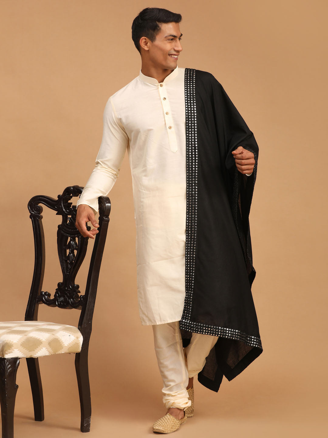 Men's Cream Viscose Straight Kurta  Pyjama & Dupatta Set